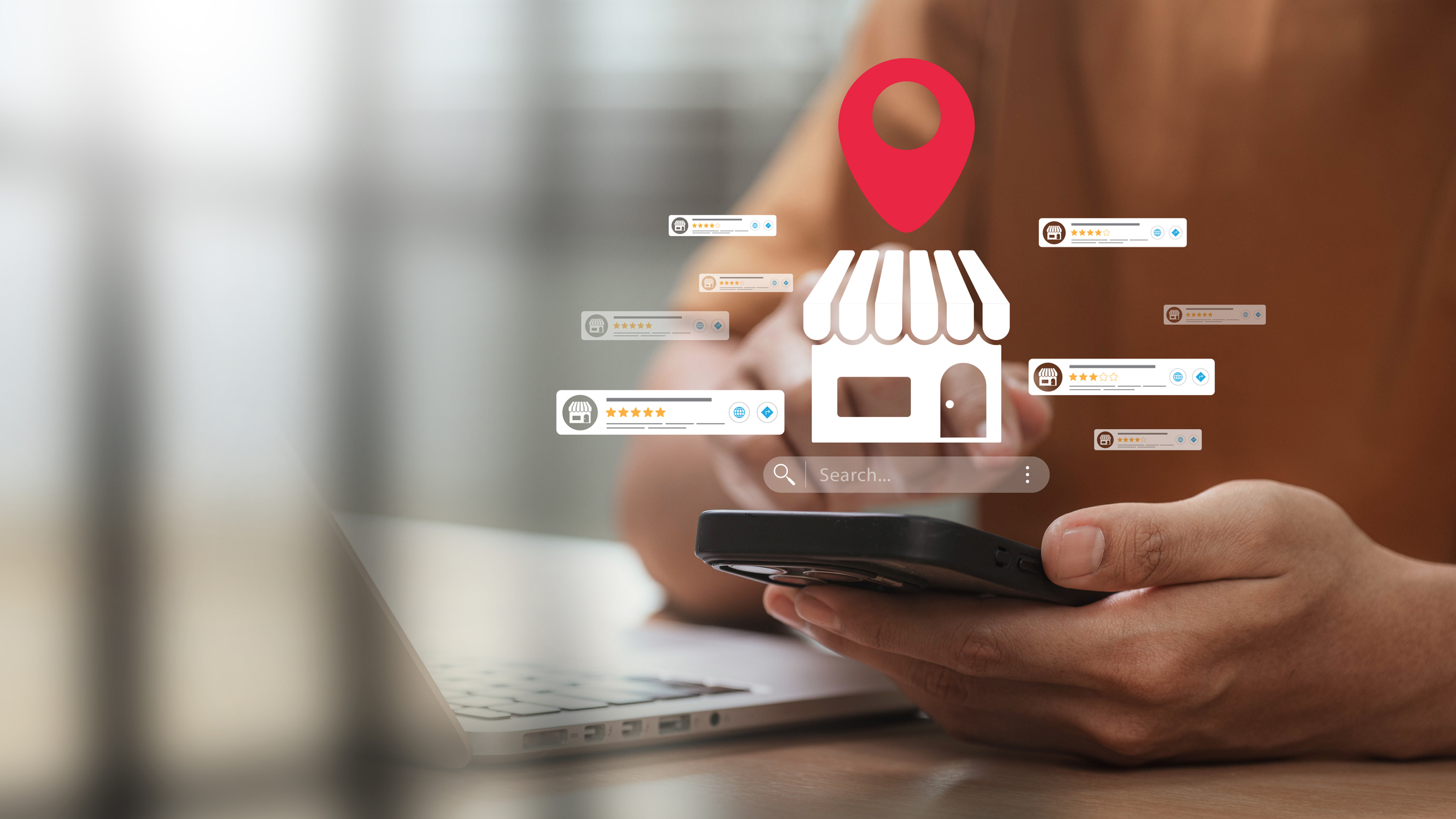 Person searching for a local business on a phone with a map result — Google Business Profile and local SEO